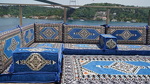 U Shaped Royal Blue Arabic Floor Sofa Set, Floor Cushions, Balcony Patio Sofas, Terrace Sofa, Ethnic Sofa, Moroccan Sofas, Sectional Sofas, Hookah Sofas (U Sofa + Rug)