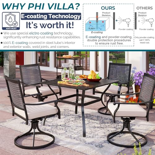 PHI VILLA 9 Pieces Outdoor Dining Set for 8, 60” Wood-like Large Square Metal Steel Dining Table & Stackable Iron Chairs, Dining Furniture Set for Patio, Deck, Yard, Porch