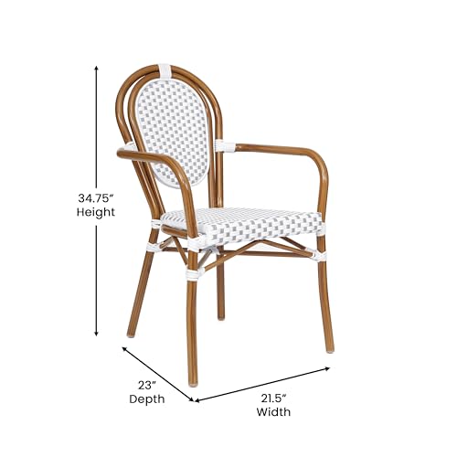 Flash Furniture 2 Pack Lourdes Indoor/Outdoor Commercial Thonet French Bistro Stacking Chair with Arms, PE Rattan and Aluminum, Set of 2, Black & White/Natural Frame