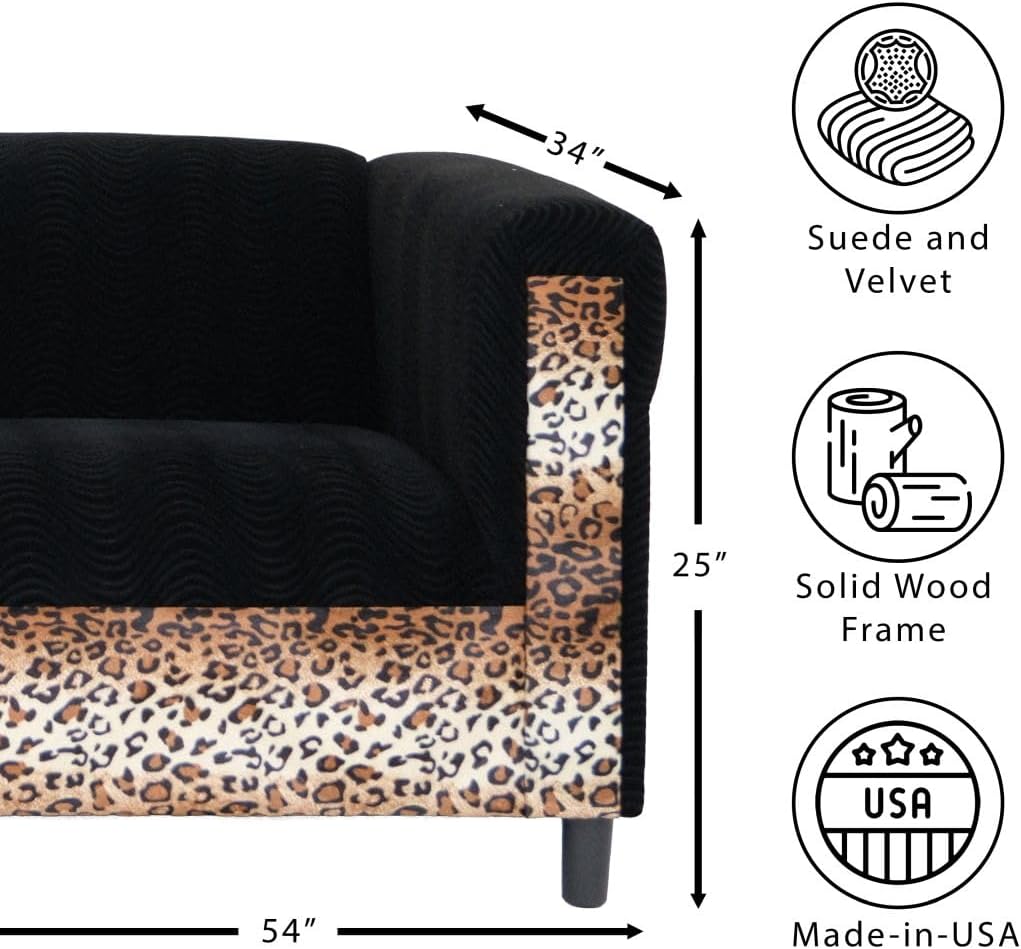 Black Velvet Loveseat Sofa for Living Room with Leopard Print, Modern Décor Love Seat Mini Small Couches for Small Spaces and Bedroom with Solid Wood Frame