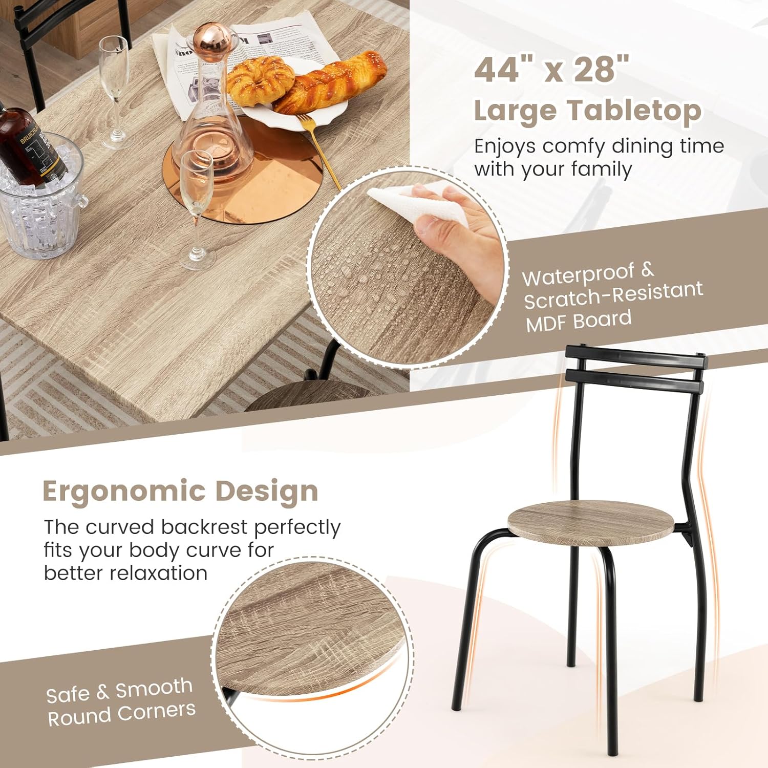 COSTWAY 5-Piece Dining Table Set, Space-Saving Kitchen Table & Chairs Set for 4 with Metal Frame, Dining Table with 4 Chairs for Kitchen, Dining Room, Living Room