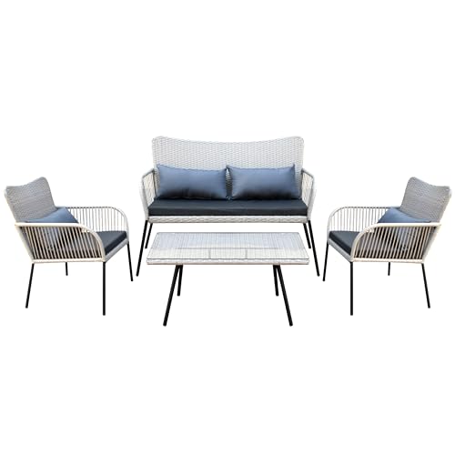 SereneLife 4 Piece Conversation/Chat Set, Outdoor Living Rattan Furniture, includes 1 Double & 2 Single Chairs with Cushion & 1 Glass-top Coffee Table (Light Grey)