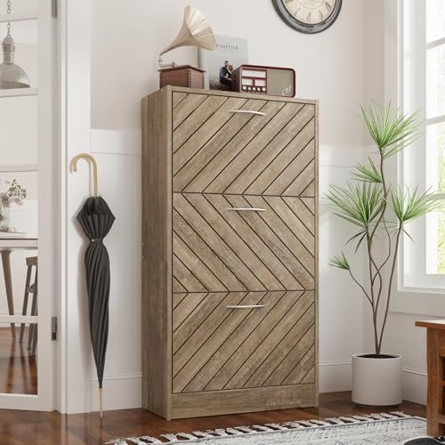 Shoe Cabinet with 3 Flip Drawers & Shutter Doors, Modern Shoe Rack Cabinet with Removable Divider, Narrow Shoe Storage Organizer for Slim Entryway, Dorm, Brown