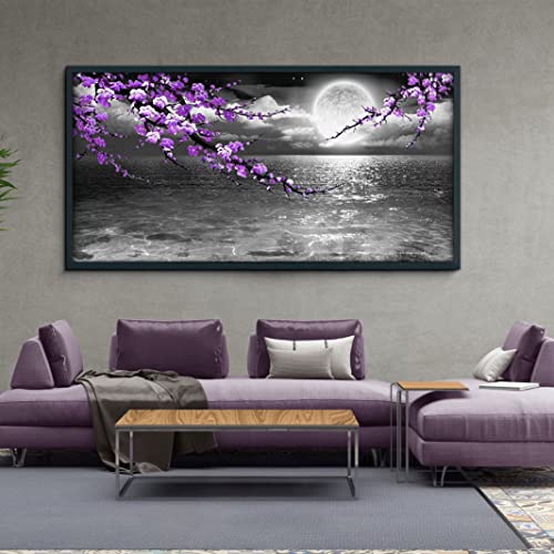 yiijeah Purple Abstract Black Frame Wall Art - Purple and Gold Canvas Picture Artwork for Bedroom Wall Decor Modern Living Room Office Home Decoration Size 24x48 Inches
