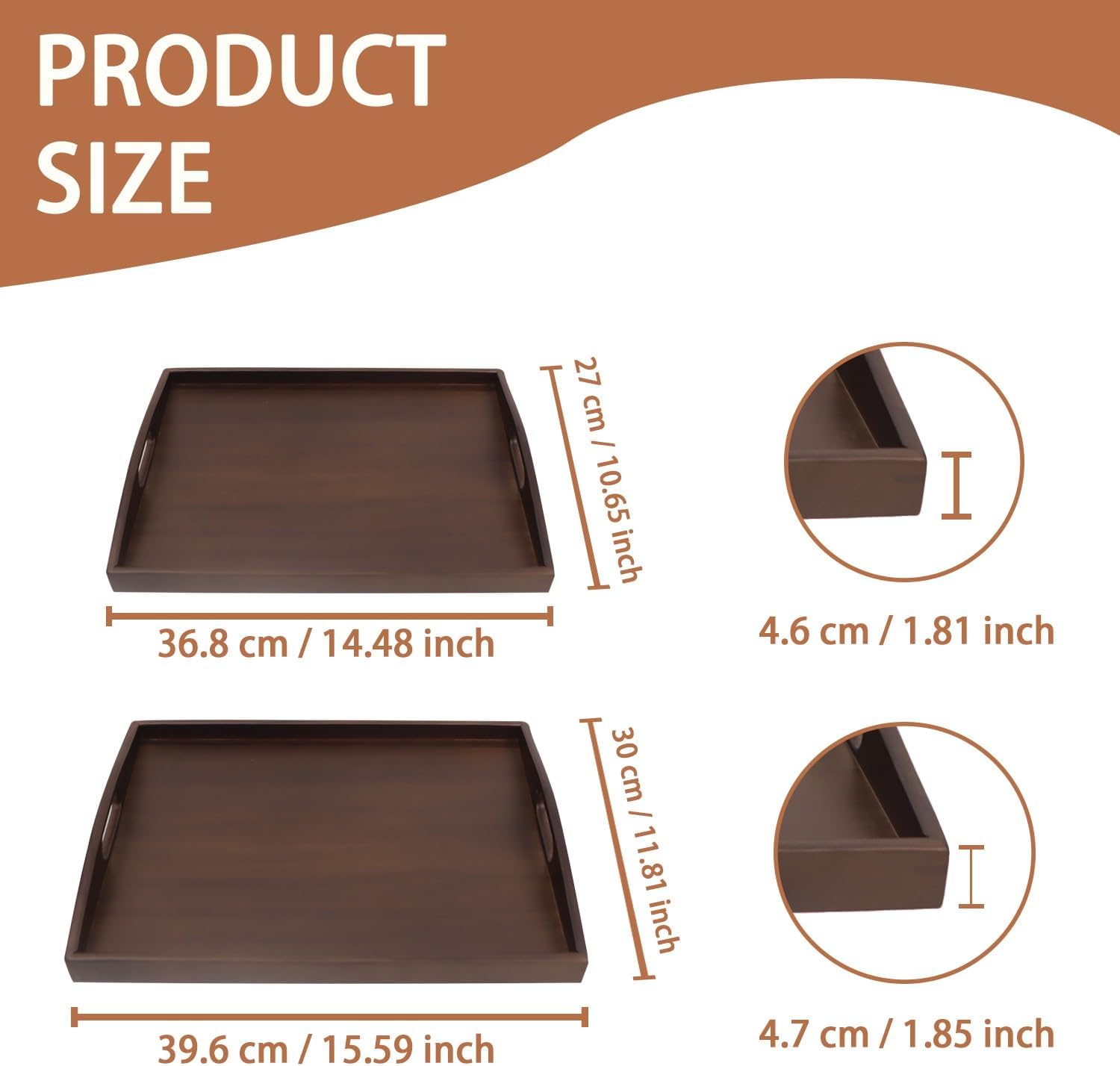 Wood Serving Tray with Handles, Walnut Ottoman Tray, 15x11 inches Wooden Serving Tray Ideal for Living Room Tray for Breakfast Tray Perfect for Party Dessert Display (Set of 2)