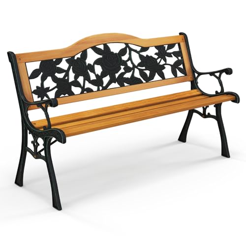 Tangkula Outdoor Garden Bench Park Bench, Patio Bench Chair with Cast Iron & Hardwood Structure, Weather Proof Porch Outdoor Furniture Loveseat, Perfect for Backyard, Deck, Lawn, Poolside