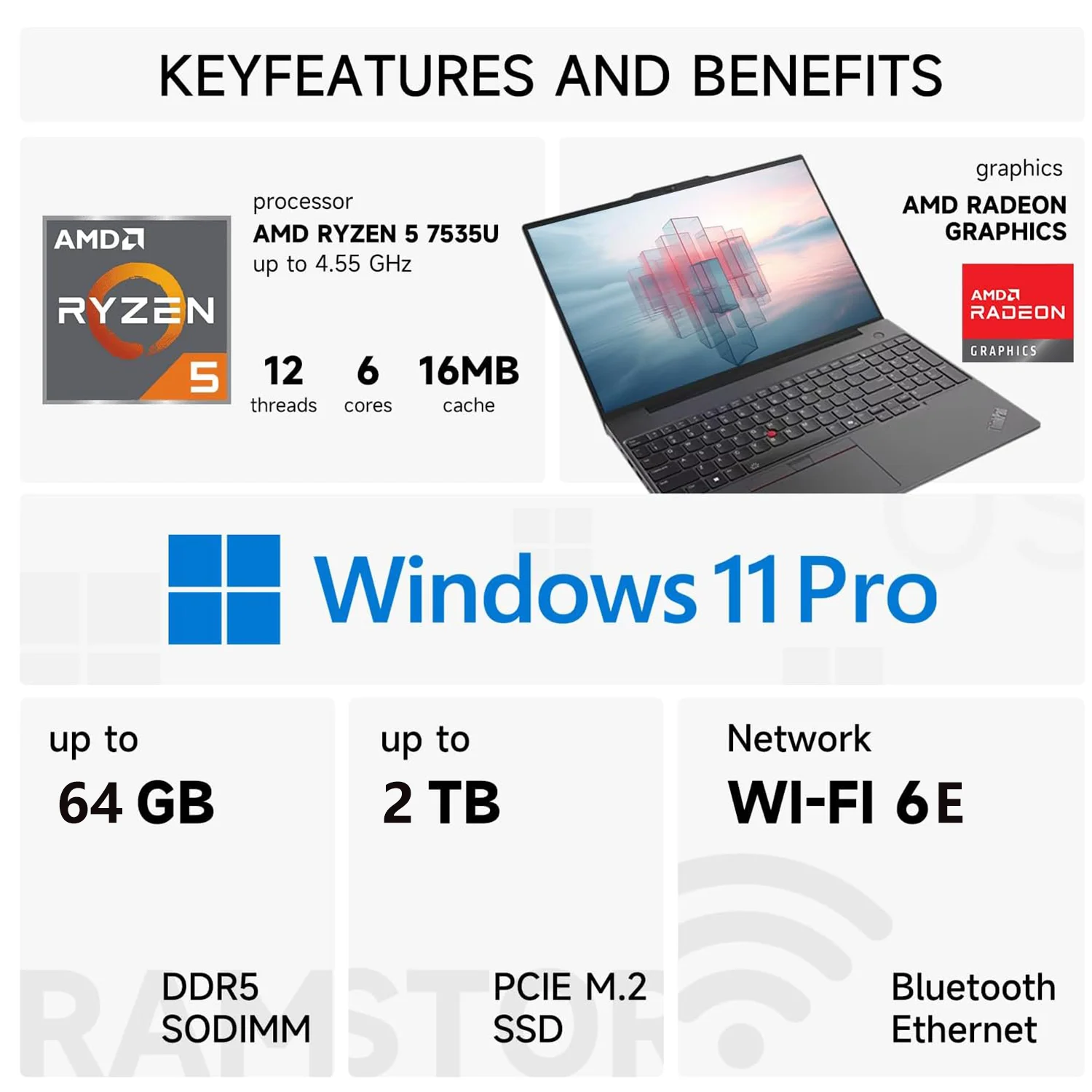 Lenovo Thinkpad Laptop, 16" FHD+ Touchscreen, AMD Ryzen 5 7535U, 32GB DDR5, 1TB SSD, Wi-Fi 6E, Windows 11 Pro