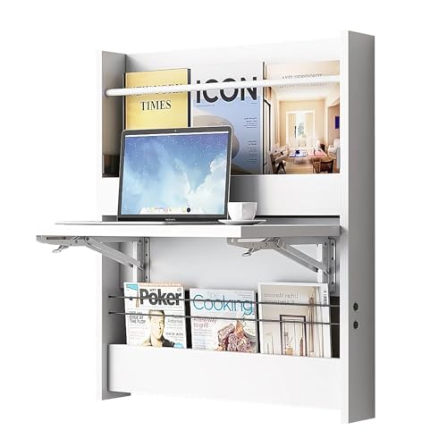 Wall Mounted Floating Table Computer Desk, Folding Wall Table, Floating Desk for Wall with Storage Shelf, Small Wooden Desk for Office Home, Study, Bedroom, Living Rooms, White
