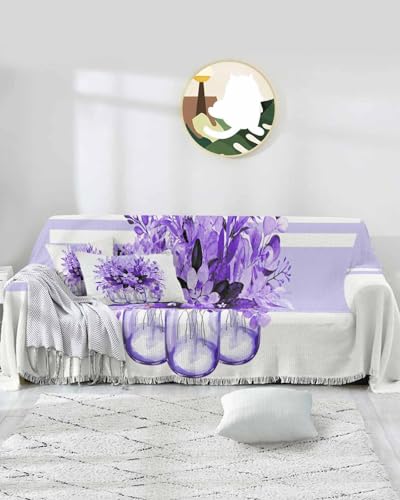 Floral Purple Sofa Cover Couch Covers for 3 Cushion Couch Throw Couch Cover with Tassel Soft Sofa Slipcover Spring Summer Eucalyptus Leaves Striped Couch Furniture Protector for Dog Pet 71