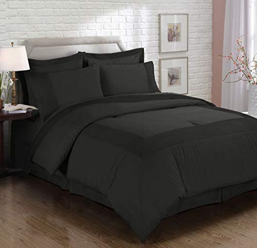 Chezmoi Collection 8-piece Pleated Hem Solid Color Comforter Set Bed-in-a-bag (Black, California King)
