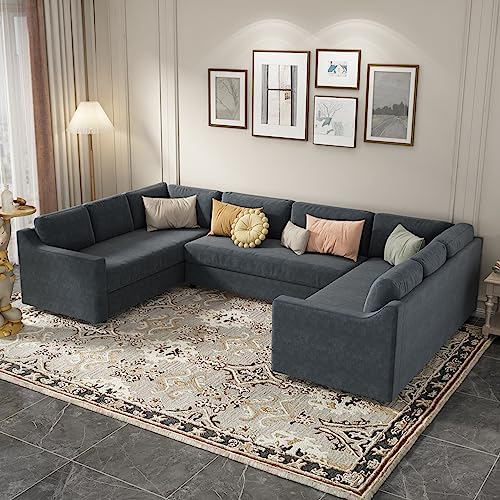 Modern 3-Piece Sectional Sofa Set Large U Shape Corner Sofa w/Overstuffed Seat&Back Cushion for Living Room Guestroom,Modular Fabric Upholstered Lounger Couch w/Wooden Frame&Plastic Legs for 8 (Grey)
