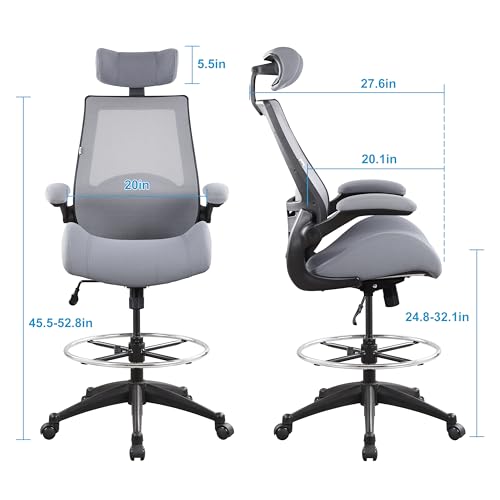 BOLISS 400lbs High-Back Mesh Ergonomic Drafting Chair,Tall Office Chair, Standing Desk Chair,Adjustable Headrest,Double Seat Cushion,with Flip-Up Arms,Lumbar Support Swivel Computer Task Chair -Black