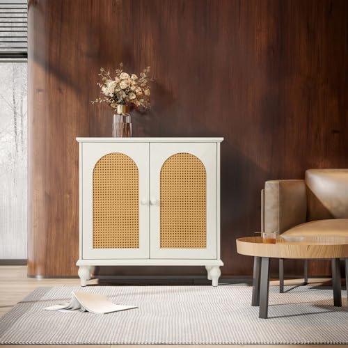 Bohemian Storage Cabinets, Rattan Sideboards and Buffets with Storage Space, Adjustable Shelves, Freestanding Cabinets for Entrance, Living Room, Office (White)