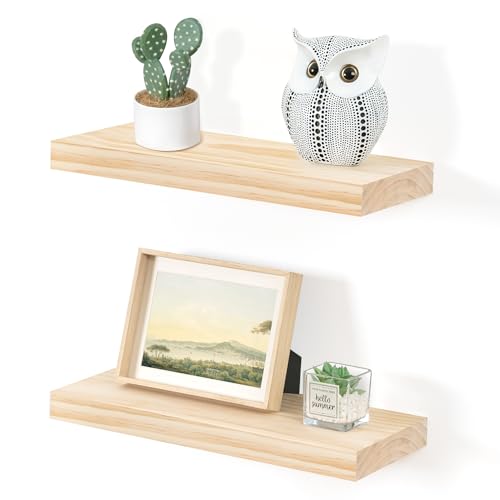 Fun Memories Wood Floating Shelves Set of 2, Rustic Pine Wood Floating Shelves for Wall Mounting, Wide Wall Shelves for Home Decor and Storage, 24