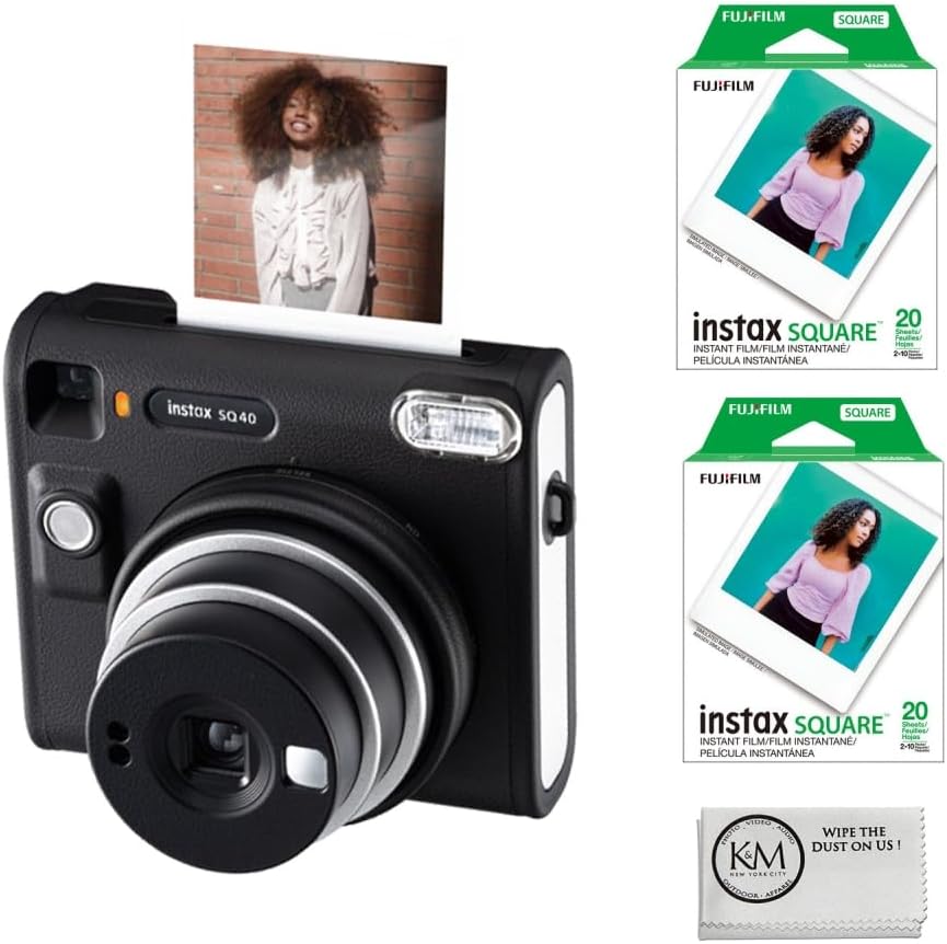 FUJIFILM INSTAX Square SQ40 Instant Film Camera Bundle with 2 x Square Twin Pack Film | 20 Exposures + Cleaning Cloth (4 Items)