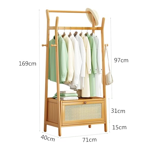 Bamboo Garment Rack, Free Standing Clothes Coat Hanger Rolling Closet Organizer with Shoe Rack Wardrobe Storage Shelves for Hall Living Room Bedroom Office