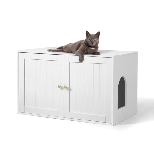 Fencer Wire Cat Litter Box Furniture with Divider, Wooden Indoor Cat House with Double Doors, Flip-top Hidden Cat Washroom Enclosure, Metal Frame Enclosed Cat Boxes, Cabinet for Large Cat, White
