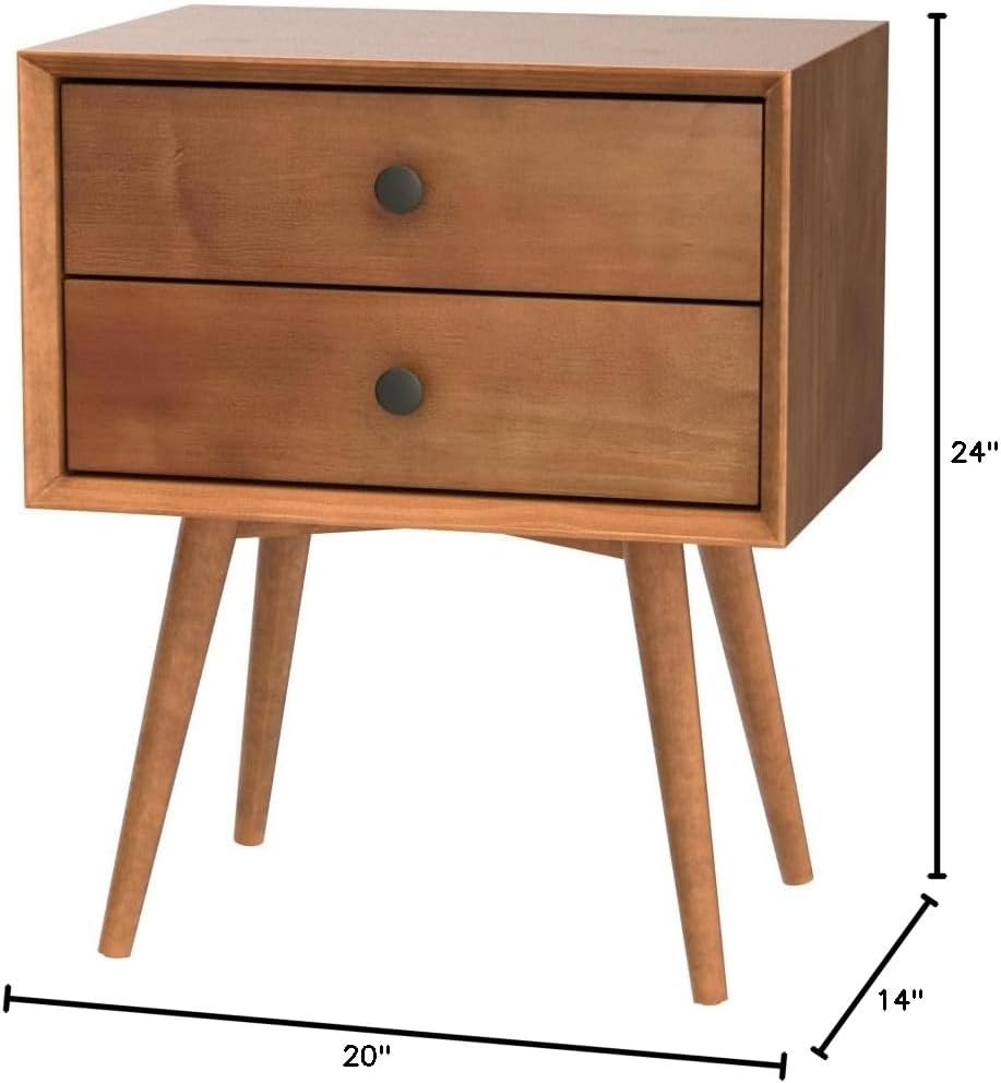 Allora Mid-Century Modern 2 Drawer Solid Wood Bedside Nightstand in Caramel