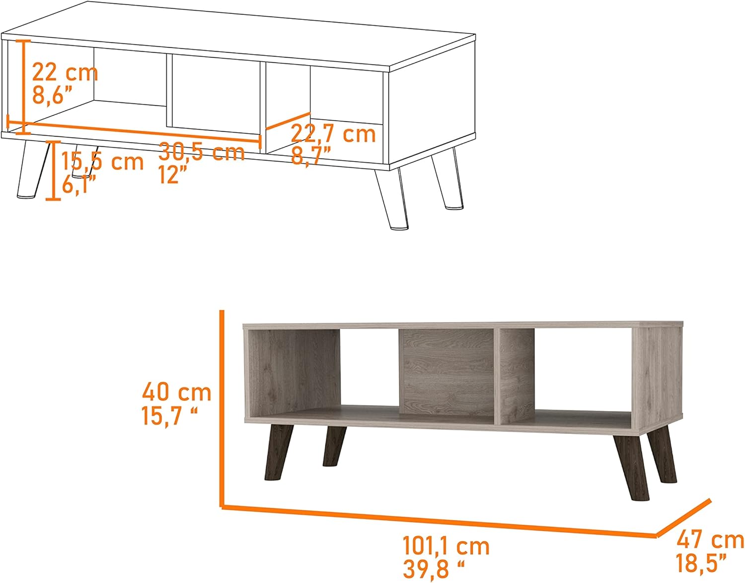 Coffee Table Two Open Shelves Four Legs Grey Modern Contemporary Rectangular MDF Natural Finish Includes Hardware
