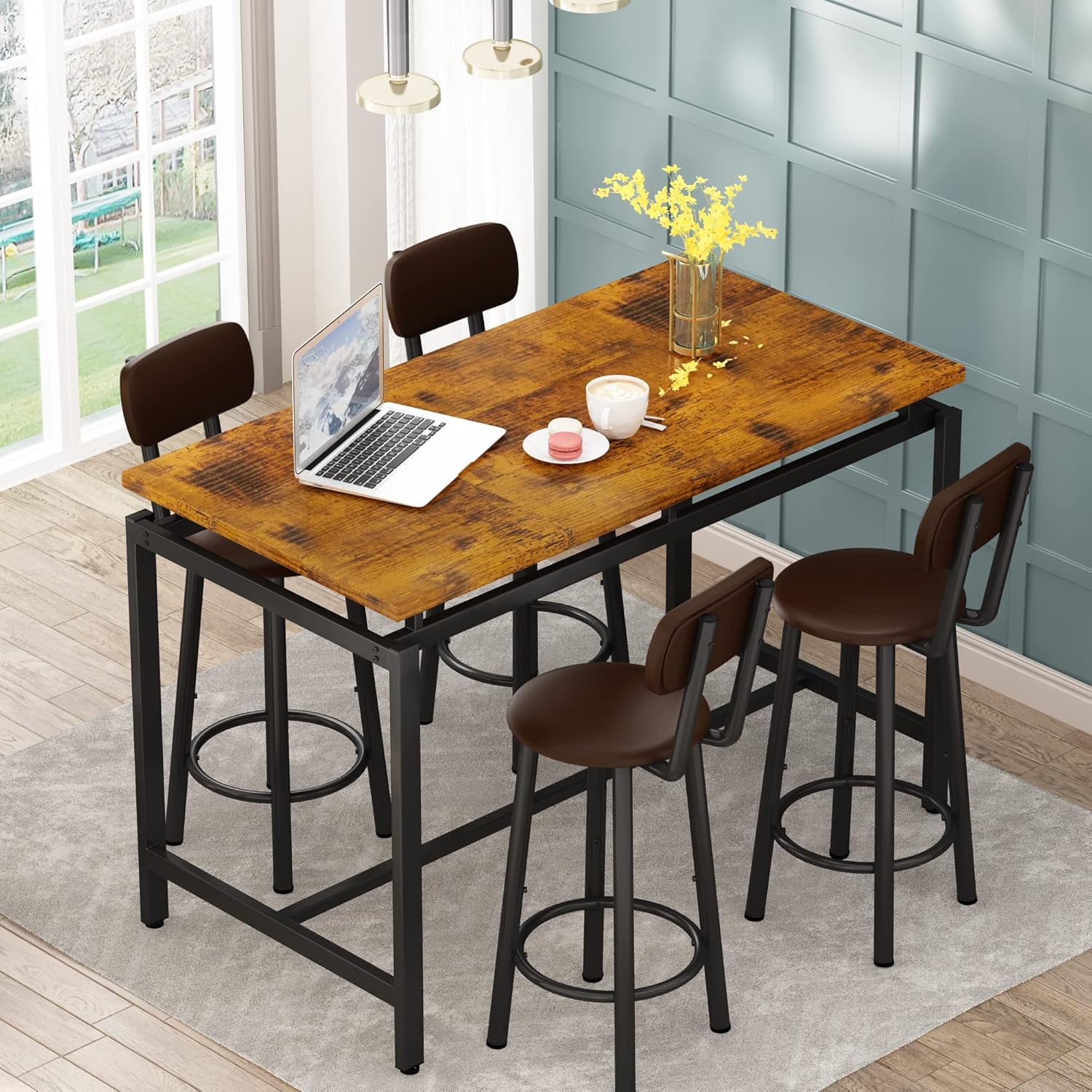 AWQM Counter Height Pub Bar Set of 4, Table & 4 Backrest Stools, Rustic Brown