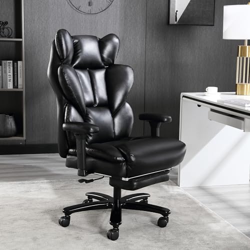 Warmiehomy Executive Office Chair, 400lbs Big and Tall Office Chair with Adjustable Armrests and Masage Lumbar Support, High Back PU Leather Ergonomic Computer Gaming Chair,Black Office Chair