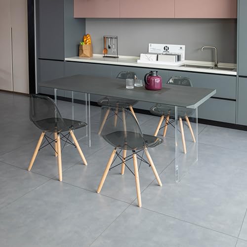 Mid-Century Modern Style Dining Chair with Wooden Dowel Eiffel Legs, DSW Transparent Plastic Shell Accent Chair (Gray)