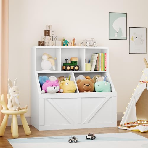 Kids Toy Storage Organizer, Kids Bookshelf and Toy Storage, Toddlers Bookshelf Toy Organizer for Kids Rooms Playroom Bedroom Nursery Daycare, White