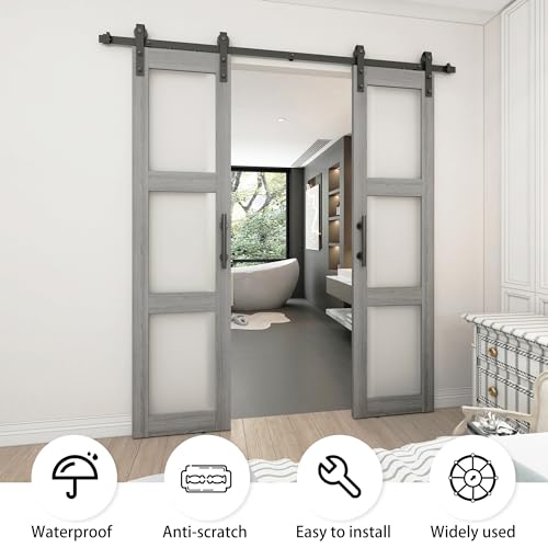 BARNSMITH 21x84in Double Glass Barn Door with 7FT Brushed Nickle Sliding Door Hardware Kit Included & Handle,3-Panel Frosted Glass Solid Wood Water-Proof PVC Surface,Pre-Drilled Easy Assembly,White