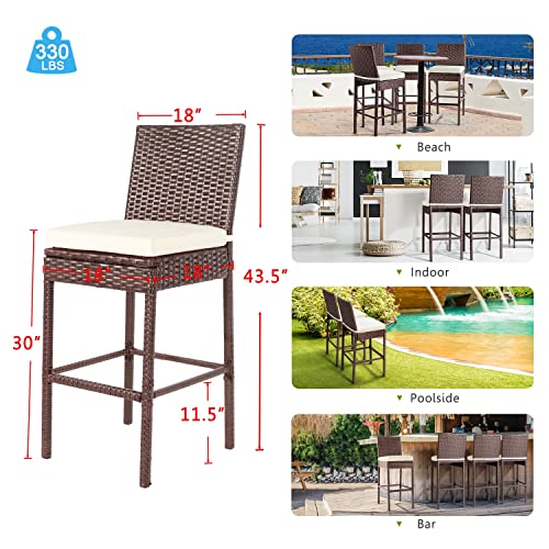 Outdoor Bar Stools Set of 2 Wicker Counter Height Bar Stools Patio Chairs Bar Height Patio Stools & Bar Chairs with Footrest Armless Cushion Navy Blue All Weather Rattan for Garden Pool Lawn Backyard