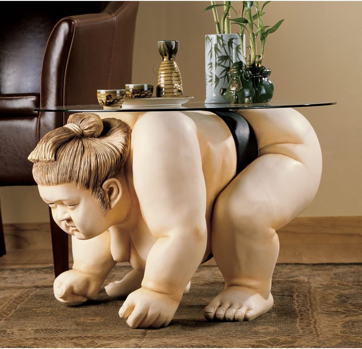 Design Toscano DB378001 Basho The Sumo Wrestler Sculptural Glass-Topped Table, 27 Inch, full color