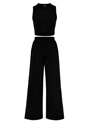 MASCOMODA Womens 2 Piece Outfits 2024 Summer Crewneck Sleeveless Cropped Tank Tops Wide Leg Long Pants Tracksuits Lounge Sets