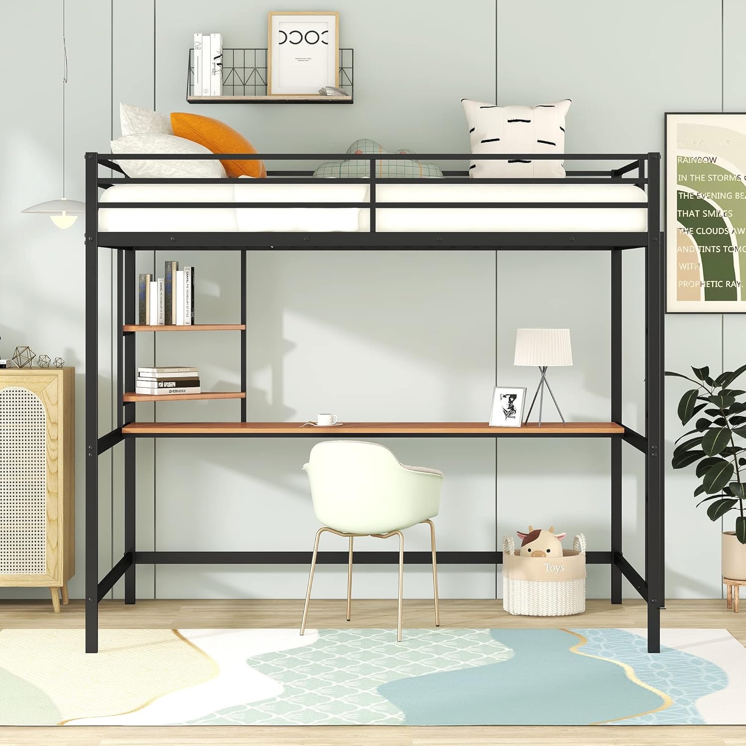 Full Size Bed for Kids & Teens, Multifunctional Metal Loft Bedframe with Built-in Desk & 2 Storage Shelves, Safe Guardrail & Ladder, Maximum Space Saving, No Box Spring Needed, Black