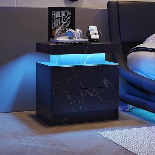 LED Nightstand with 2 Storage Drawers, Modern Bedside Table with Marble Grain Finish, 2-Tier Wood End Tables with LED Light for Bedroom/Living Room, White