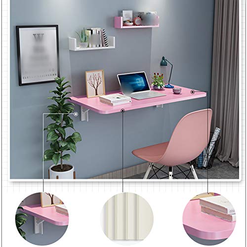 Folding Wall Mounted Drop-Leaf Table,Space Saving,Floating Cafe Dining Table with Shelves,Home Office Living Room Bedroom Hanging Computer Desk,Wooden Bookshelf Bar Tables,Pink(40x40cm/16x16