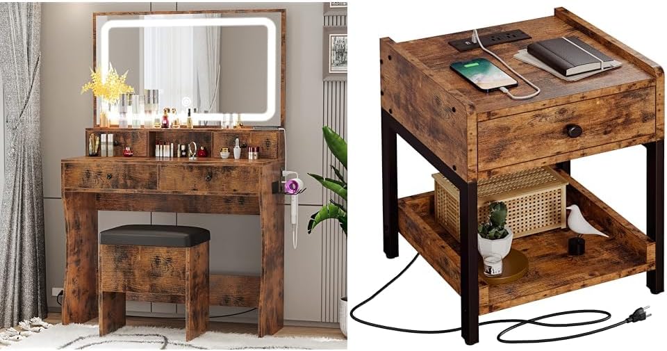 LIKIMIO Vanity Desk with LED Lighted Mirror & 4 Drawers Dressing Makeup Table Set with Storage Stool and Nightstand Bedside Table with Drawer