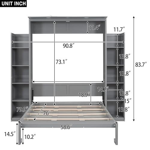 CITYLIGHT Full Size Murphy Bed with Storage Shelves and LED Lights, Easy Fold Wood Wall Bed, Space-saving Murphy Bed Cabinet for Guest Room Home Office, Grey