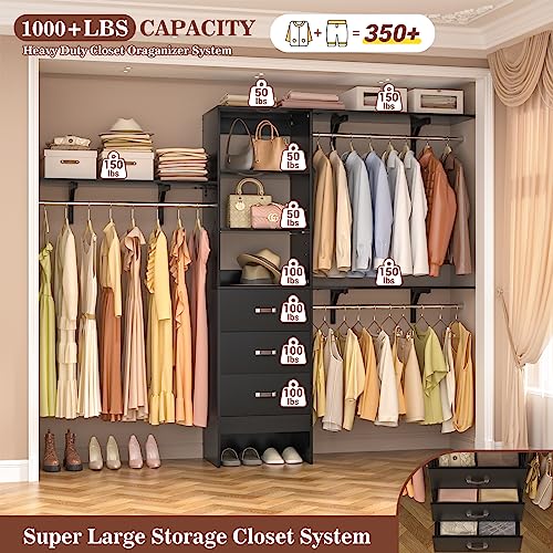 Armocity 96 Inches Closet System, 8FT Walk In Closet Organizer with 3 Shelving Towers, Heavy Duty Clothes Rack with 3 Drawers, Built-In Garment Rack, 96
