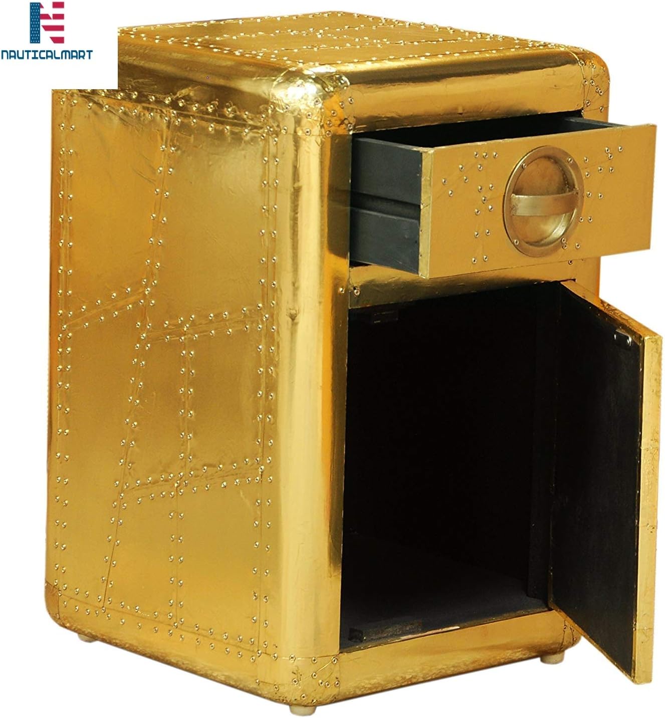 NauticalMart Aviator Side Table with Door and Drawer Handmade Aviation Accent Chest Gold