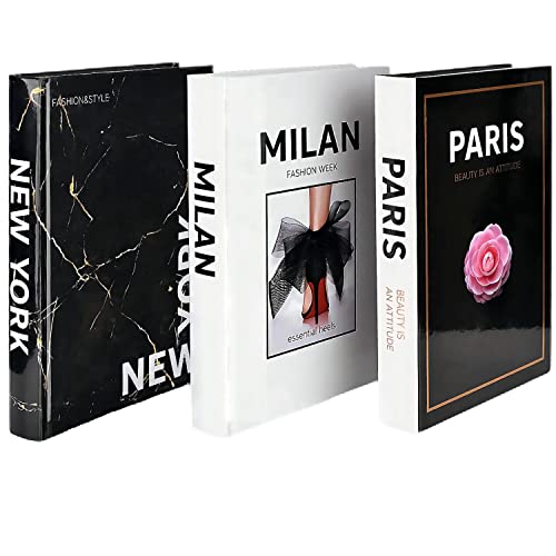 3 Pieces Fashion Decorative Books,Hardcover Modern Decorative Book Stack,Fashion Design Book Set,Display Books for Coffee Tables/Shelves(Paris/New York/London)