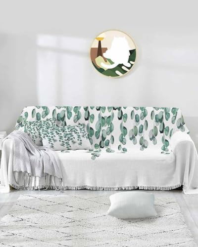 Couch Covers for Armchair, Eucalyptus Leaf Reversible Non Slip Sofa Towel with Tassel, Teal Botanical Watercolor Plants Washable Furniture Protector Slipcover for Living Room/Bed Room, S-71