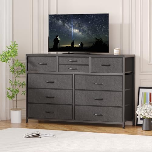 Wide 10 Drawer Dresser,TV Stand Entertainment Center Fabric Storage Dressers Drawers for Bedroom, Hallway, Nursery, Closets, Steel Frame, Wood Top, Black Willow