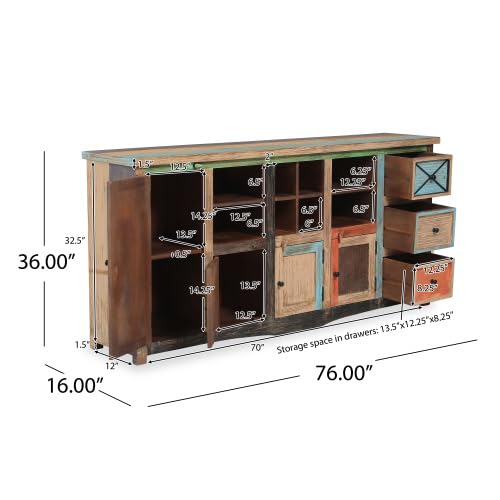 Sideboard Buffet Cabinet, Solid Wooden Storage Cabinet with Open Shelves, Accent Home Furniture, Bohemian Style Storage Cabinet for Living Room 75.75” Lx15.5” Wx35.25” H