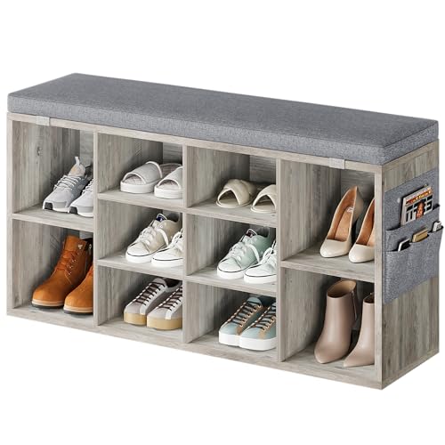 Shoe Storage Bench Cubby Organizer, Shoe Rack Bench with Removable Cushion Top, 3-Tier Entryway Bench 10 Compartments, Adjustable Shelves Shoe Shelf for Living Room Entryway Hallway Bedroom, 41in Grey