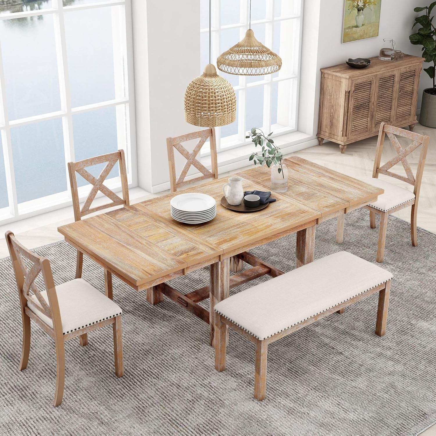 Merax Farmhouse Wooden Dining Set of 6, 82 inch Extendable KitchenTable, 4 Chairs with Backrest, 2-Person Bench with Cushion, 6-Piece, Natural+Beige
