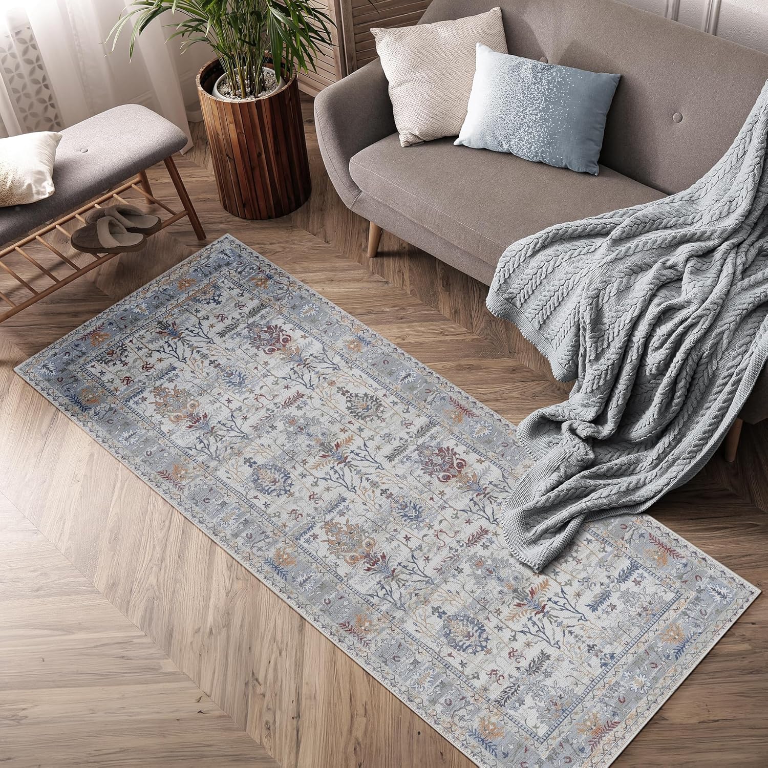 Adiva Rugs Machine Washable 2'6x10 Area Rug with Non Slip Backing for Living Room, Bedroom, Bathroom, Kitchen, Printed Vintage Home Decor, Floor Decoration Carpet Mat (Multi, 2'6