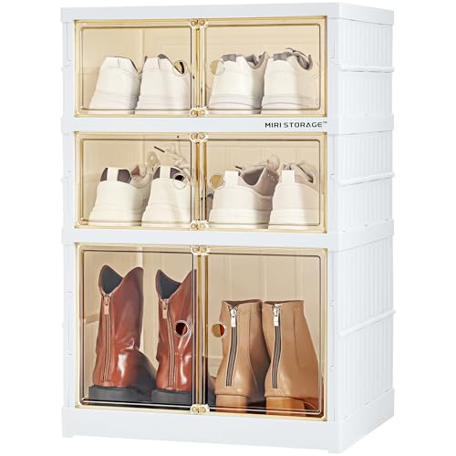 Easy Assembly 3 Tier Foldable Shoe Rack Organizer Clear Plastic Stackable Shoe Storage Box Portable White Shoe Rack With Door Folding Shoe Cabinet