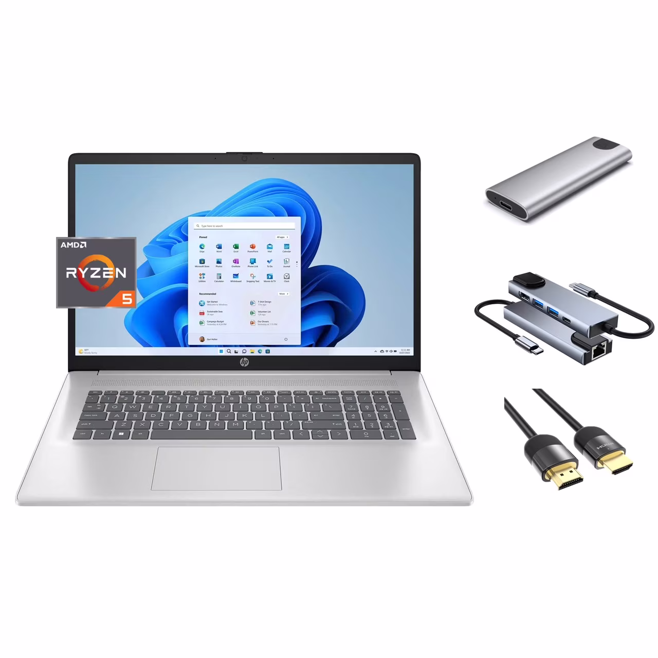 HP 17.3" Full HD Laptop, 6-Core AMD Ryzen 5 7430U (beats i7-1255U), 32GB RAM, 2TB SSD + 256GB Portable SSD, WebCam, KeyPad, WiFi6, USB-C, HDMI, 3-in-1 External Storage Bundle, Win 11
