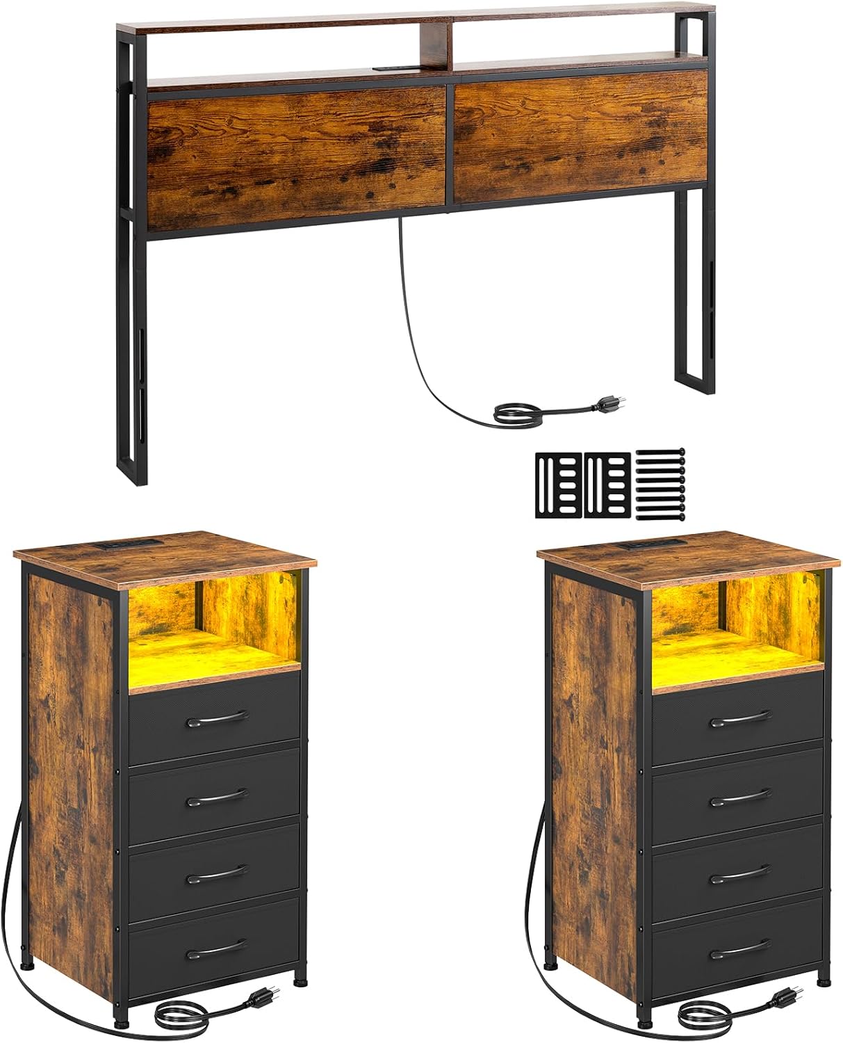 Metal and Wood Headboard with Charging Station,Dresser for Bedroom with 4 Drawers