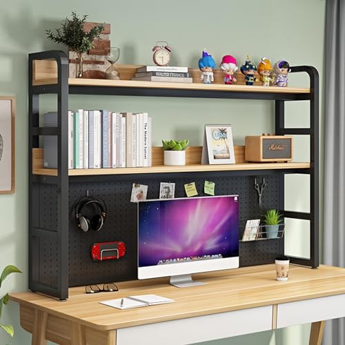 2 Tier Industrial Desktop Bookshelf, Desktop Bookcase for Computer Desk, Multifunctional Freestanding Storage Rack Display Shelf for Office, Home Decor, Kitchen (A, 135cm)