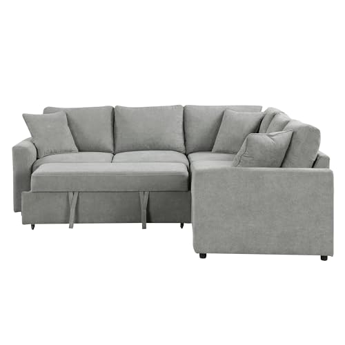U Shaped Convertible Sectional Sofa Pull Out Bed with Left Hand Chaise , Deep Seat Reversible Sleeper Corner Couch with Stoage and Detachable Backrest, Corduroy Upholstered Sofabed for Living Room
